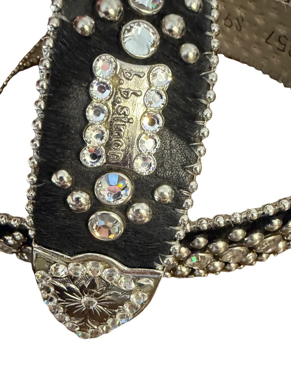 bb Simon Crystal Rhinestone Studded Leather Belt Black Silver Western Medium